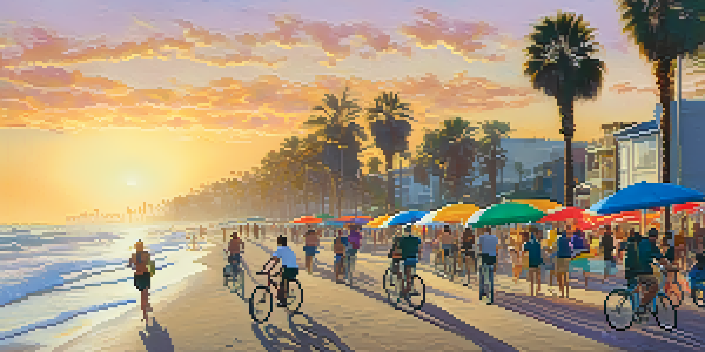 A lively beach scene in Santa Monica with people biking and walking along a pathway, palm trees, and a sunset over the ocean.