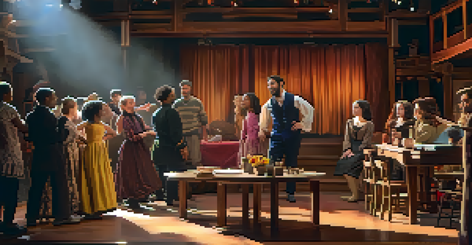 Actors rehearsing a scene in a community theater, surrounded by colorful costumes and warm lighting.