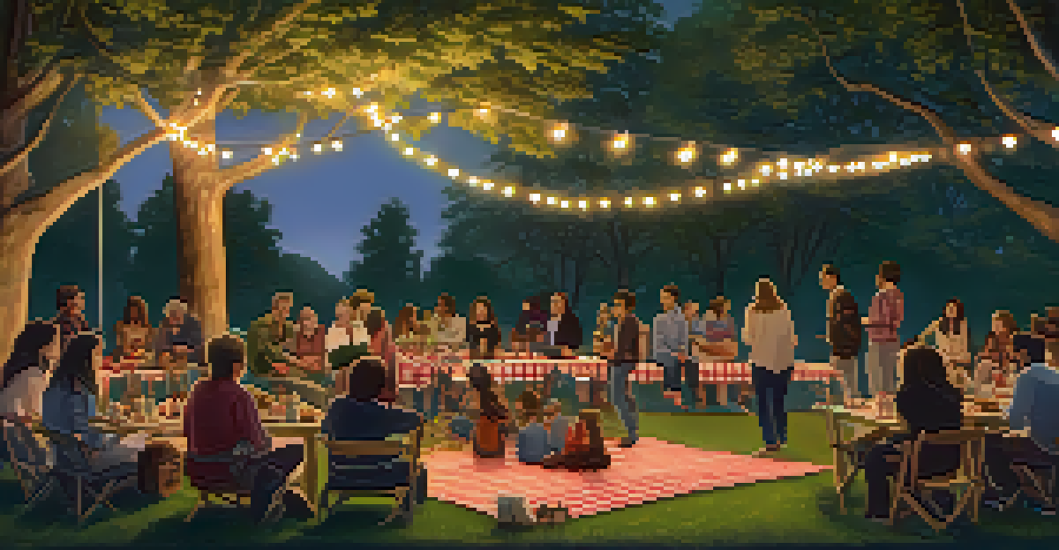 An intimate community music event in a park with families enjoying performances and food.