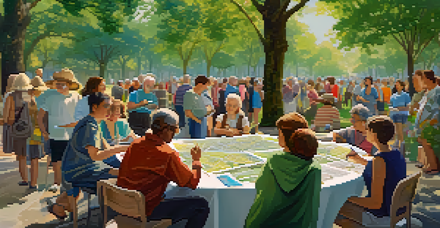 Residents participating in an outdoor workshop in a park, discussing urban planning with visual aids.