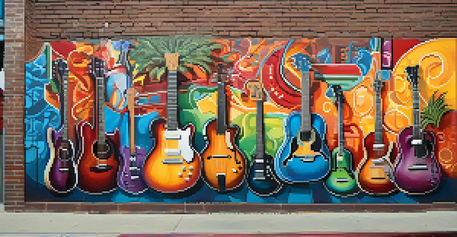 A colorful street mural in Santa Monica celebrating the music scene, featuring musical instruments and cultural symbols with people admiring it.