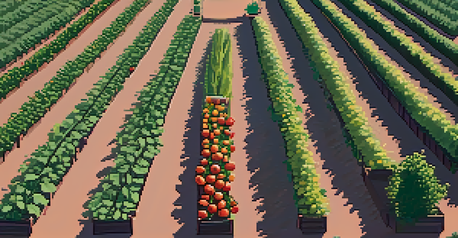 An aerial view of a community garden plot with organized rows of vegetables and herbs, surrounded by greenery and illuminated by morning light.