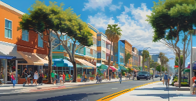 A lively urban landscape in Santa Monica, with residential apartments and commercial shops, people walking and biking, and a clear blue sky.