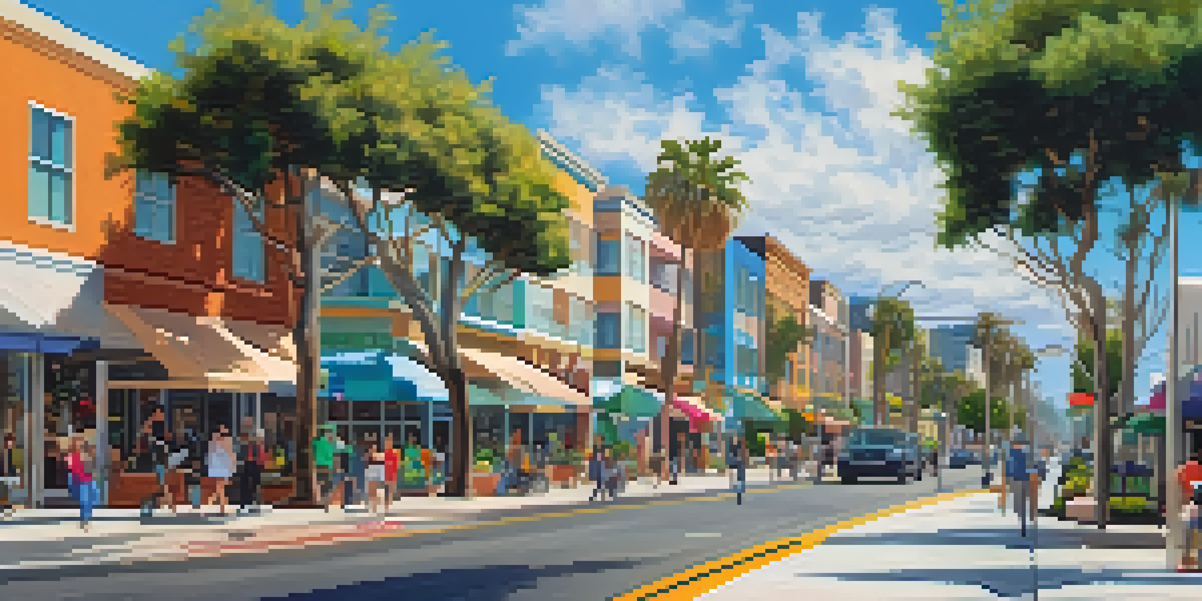 A lively urban landscape in Santa Monica, with residential apartments and commercial shops, people walking and biking, and a clear blue sky.