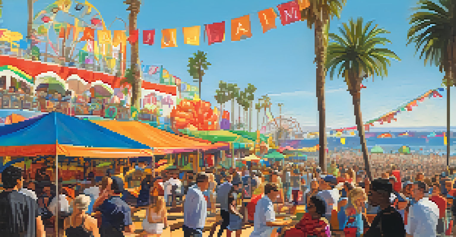 An outdoor music festival in Santa Monica with musicians on stage and a joyful crowd dancing, with palm trees in the background.