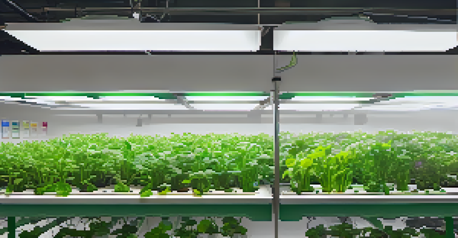 Students tending to a hydroponic garden in a classroom, surrounded by bright plants and educational materials.