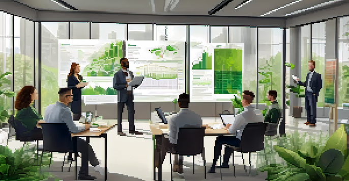 A diverse group of employees in a bright office, participating in a sustainability workshop with plants and eco-friendly materials around.