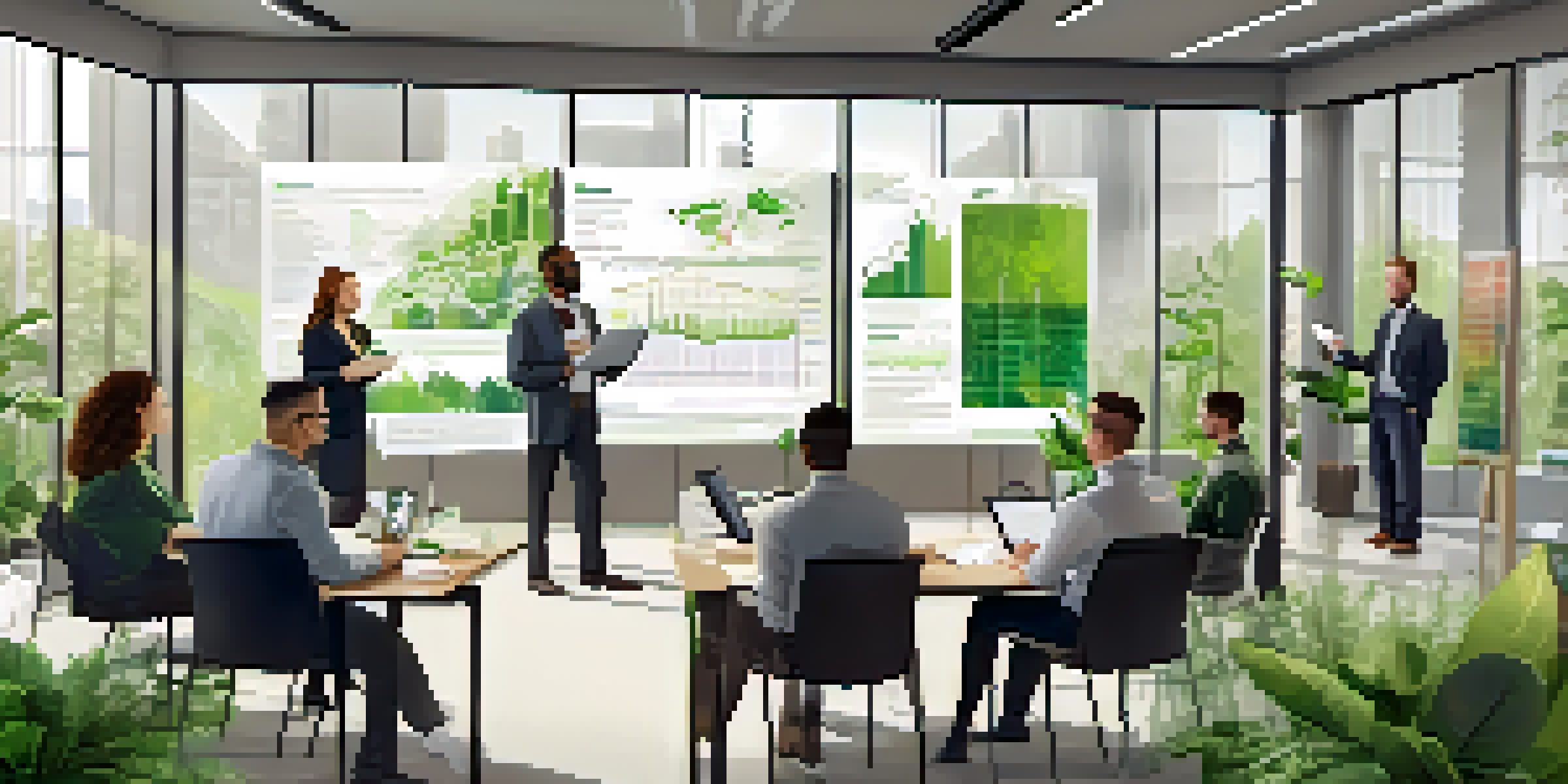 A diverse group of employees in a bright office, participating in a sustainability workshop with plants and eco-friendly materials around.