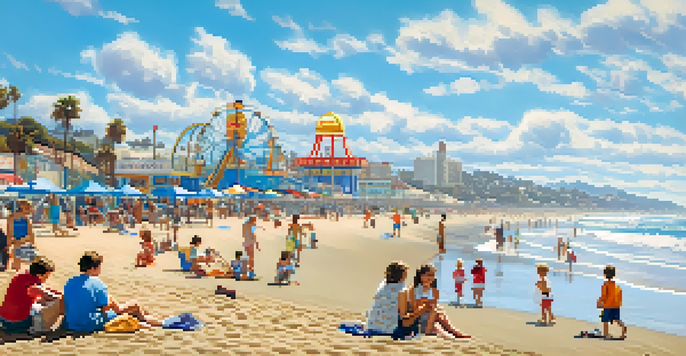 A lively Santa Monica Beach scene with families enjoying the sun, sandcastles, and the Santa Monica Pier in the background.