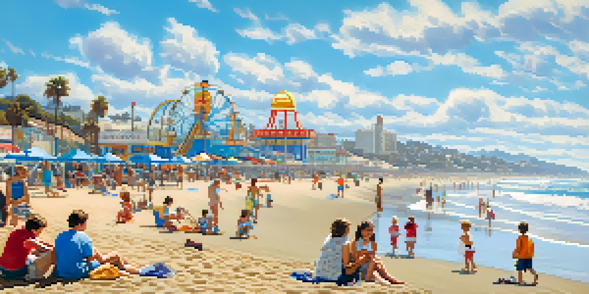 A lively Santa Monica Beach scene with families enjoying the sun, sandcastles, and the Santa Monica Pier in the background.