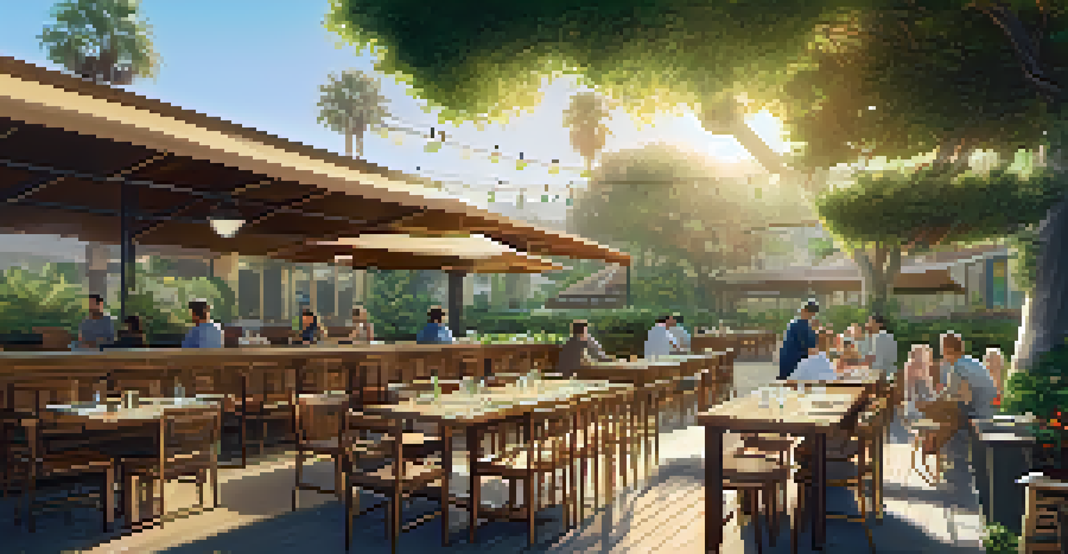 An outdoor dining area surrounded by greenery with diners enjoying meals, highlighting zero waste practices under golden hour sunlight.
