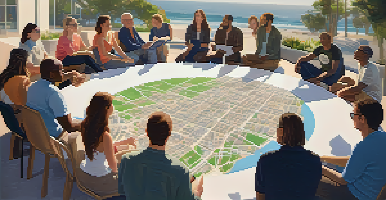A community meeting in Santa Monica with residents discussing zoning regulations around a large city map, fostering a collaborative atmosphere.
