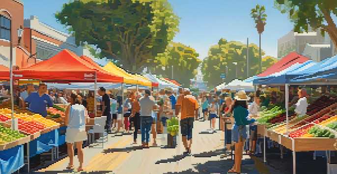 A bustling Santa Monica Farmers Market filled with fresh produce, local vendors, and families enjoying the vibrant atmosphere.