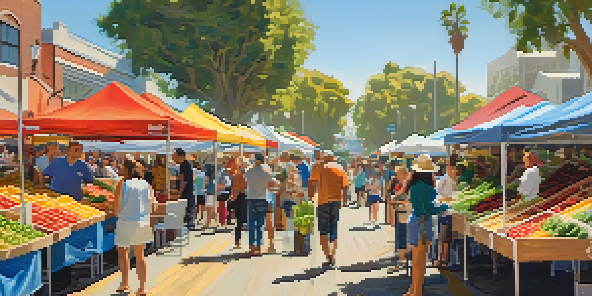 A bustling Santa Monica Farmers Market filled with fresh produce, local vendors, and families enjoying the vibrant atmosphere.