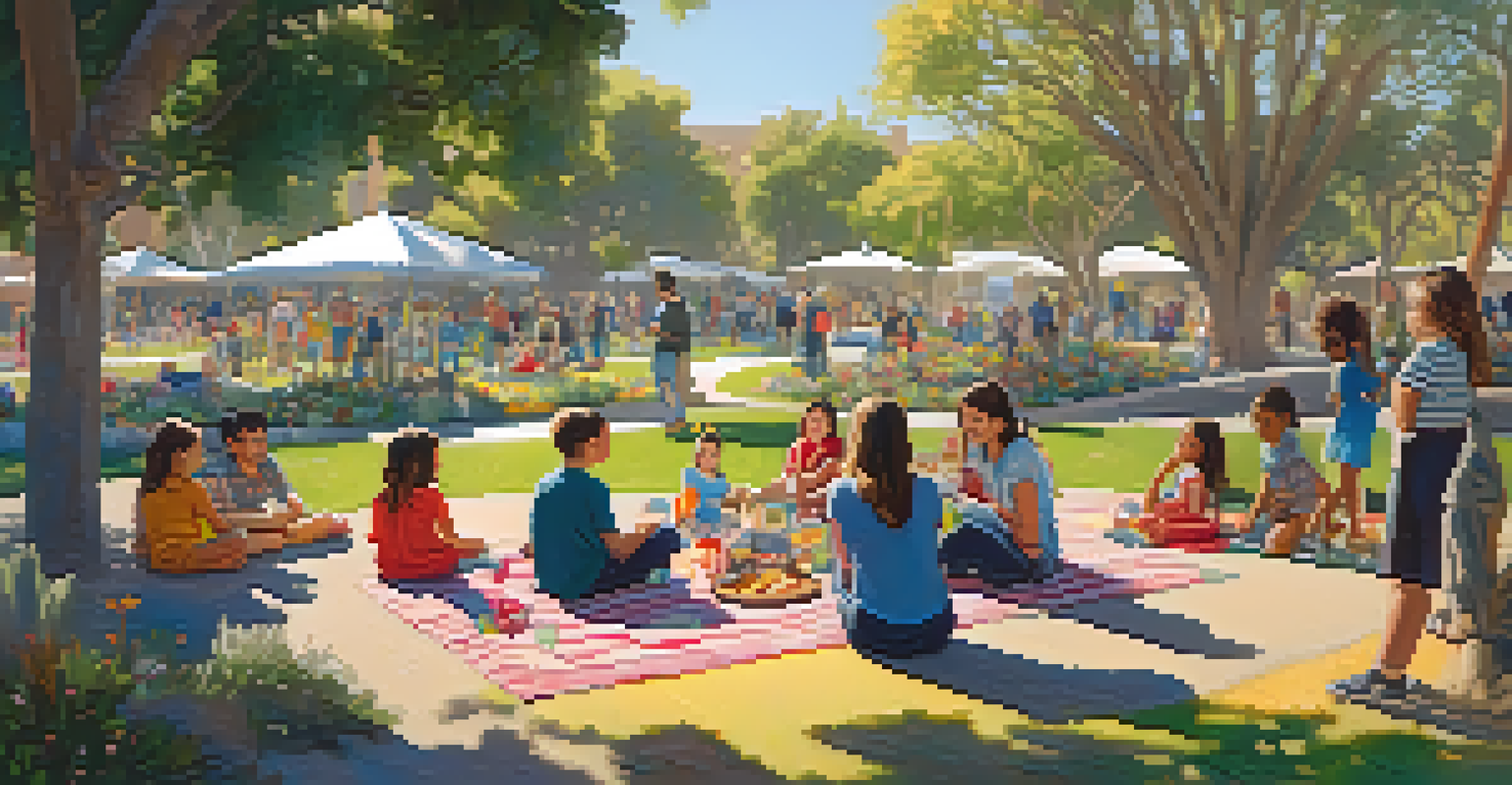 A joyful family picnic in a modern park with gardens and children playing nearby.