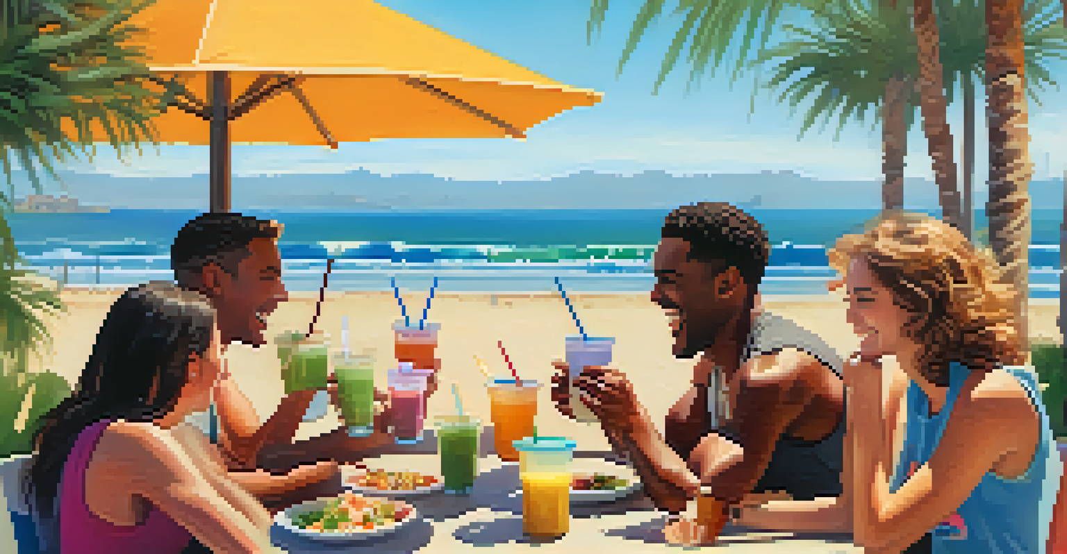 A group of friends laughing and enjoying smoothies at a beachside café, with palm trees and the ocean in the background.