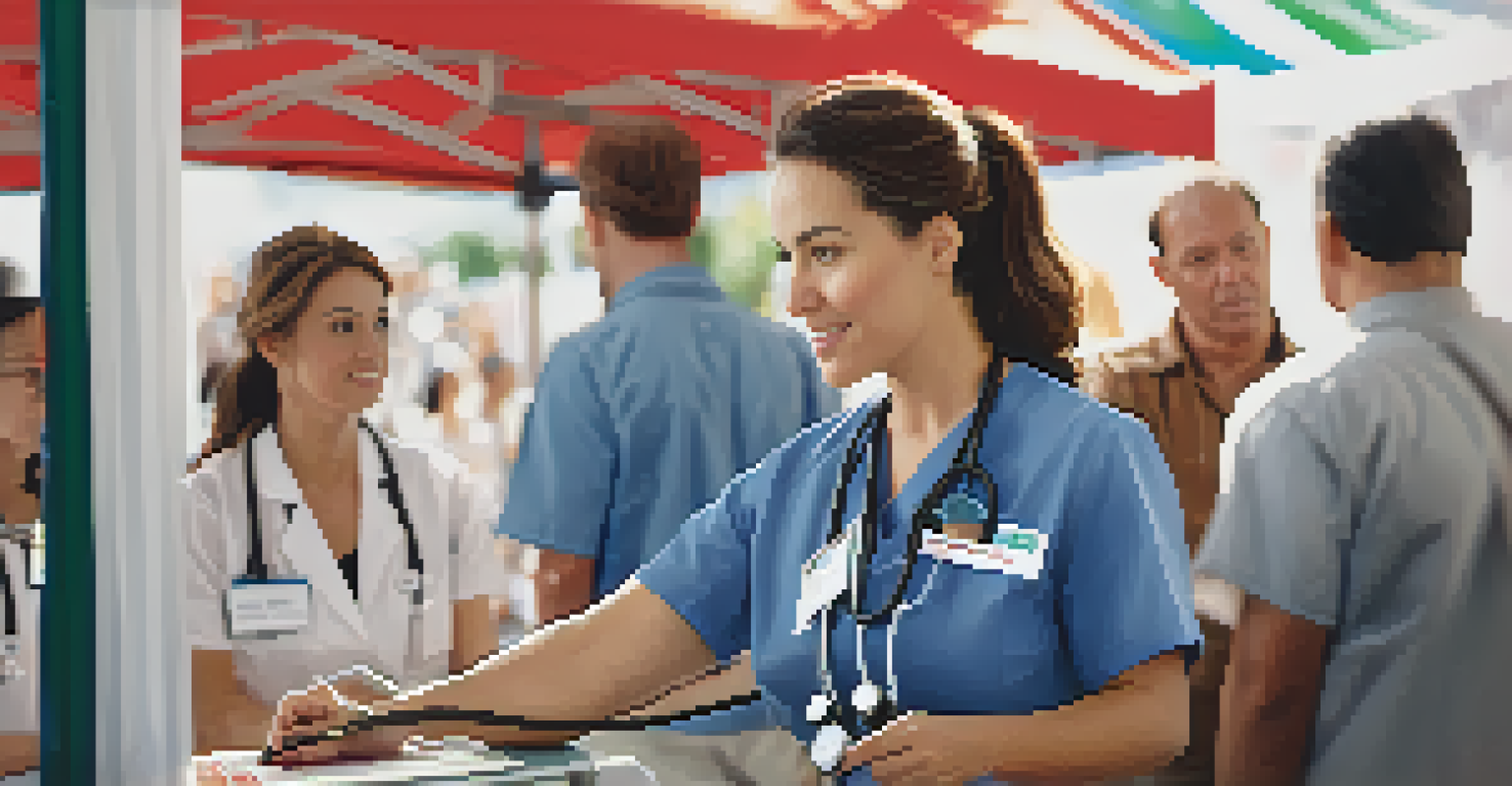 A healthcare professional performing a blood pressure screening on a participant at the health fair, with informative posters in the background.