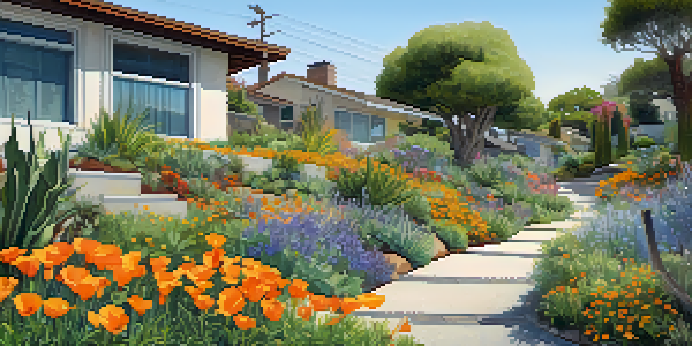 A colorful rain garden with native plants like California poppies and salvias, arranged in layers, designed to capture rainwater in a residential area.