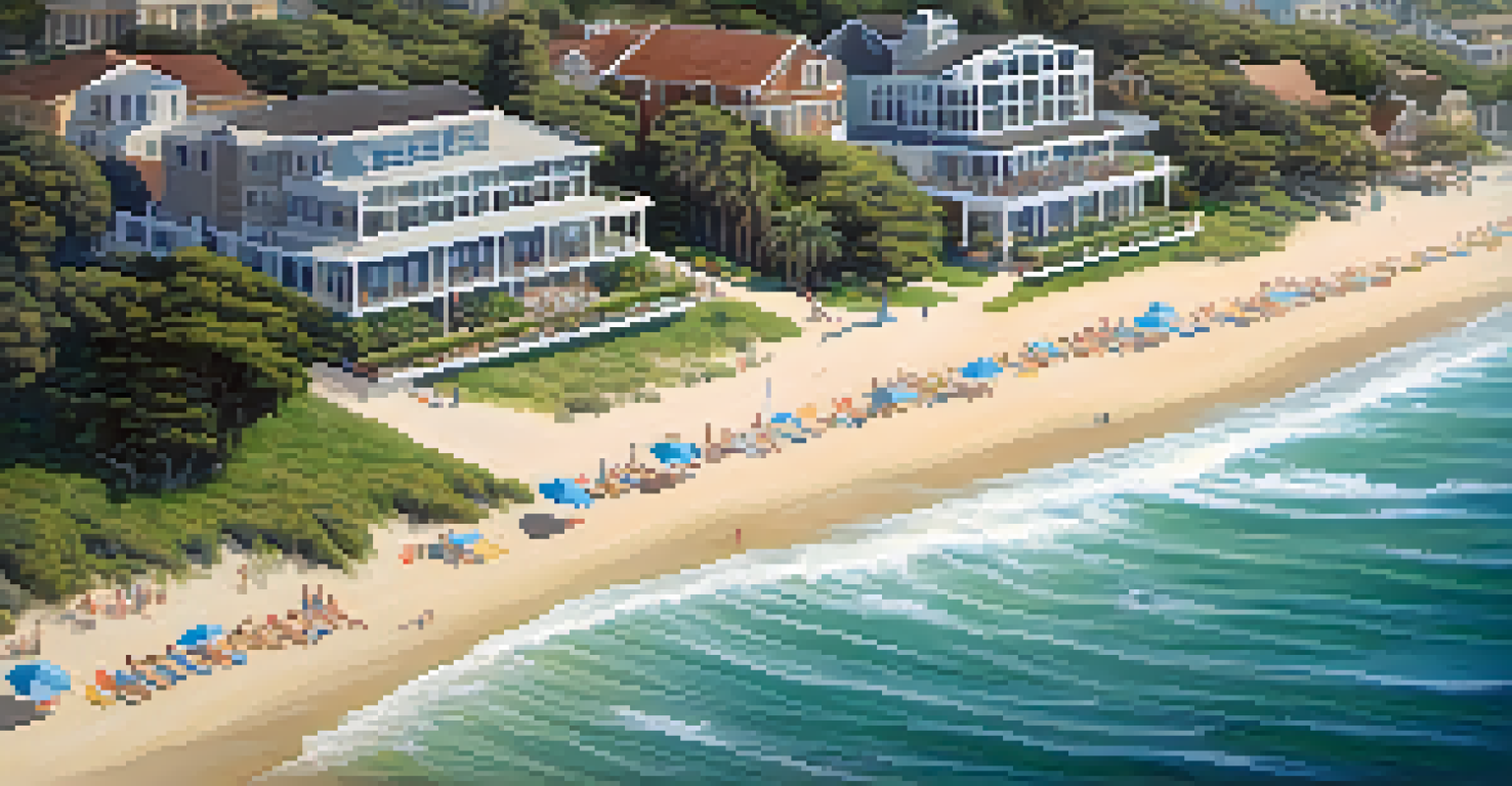 Aerial view of the Annenberg Community Beach House surrounded by greenery and the ocean, showing people enjoying the beach.