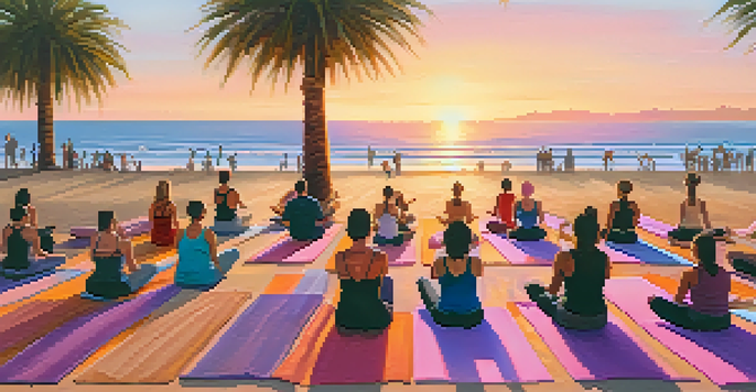 A group of people practicing yoga on Santa Monica beach during sunset, with a colorful sky and ocean waves.