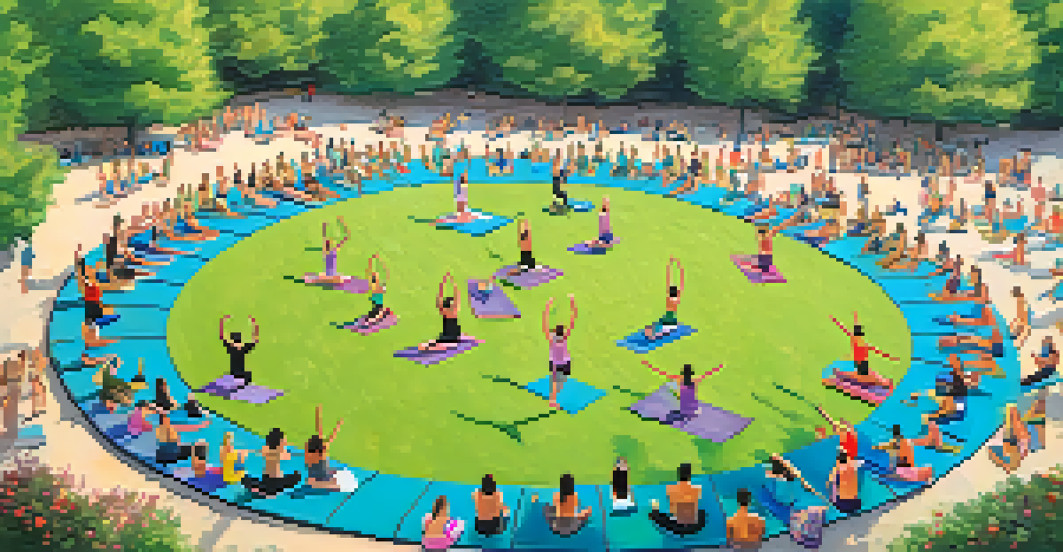 An aerial view of a group practicing Vinyasa yoga in a circular formation in a green park, with colorful mats and clear blue skies.
