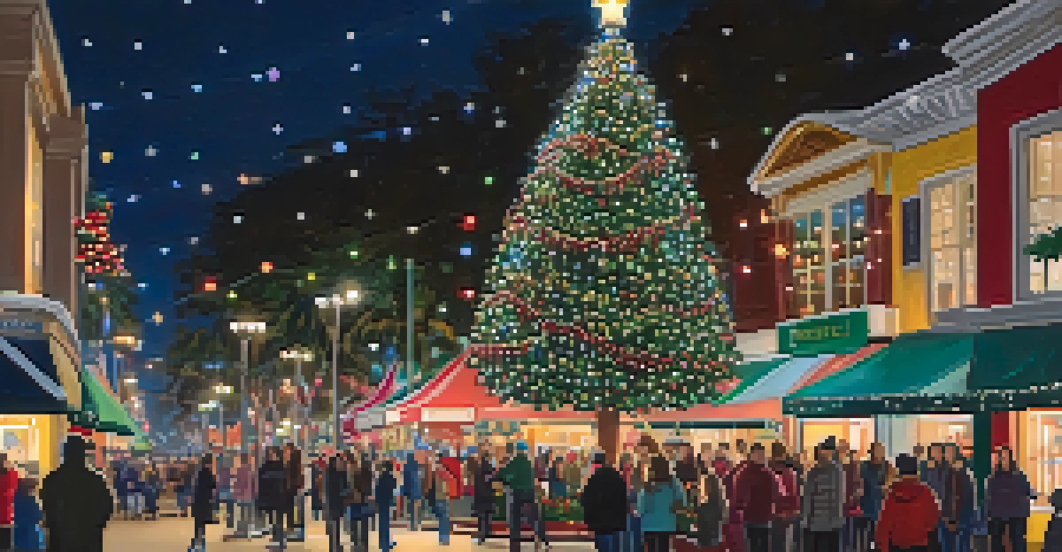 A festive scene of a lit Christmas tree in Santa Monica with families enjoying the holiday lights.