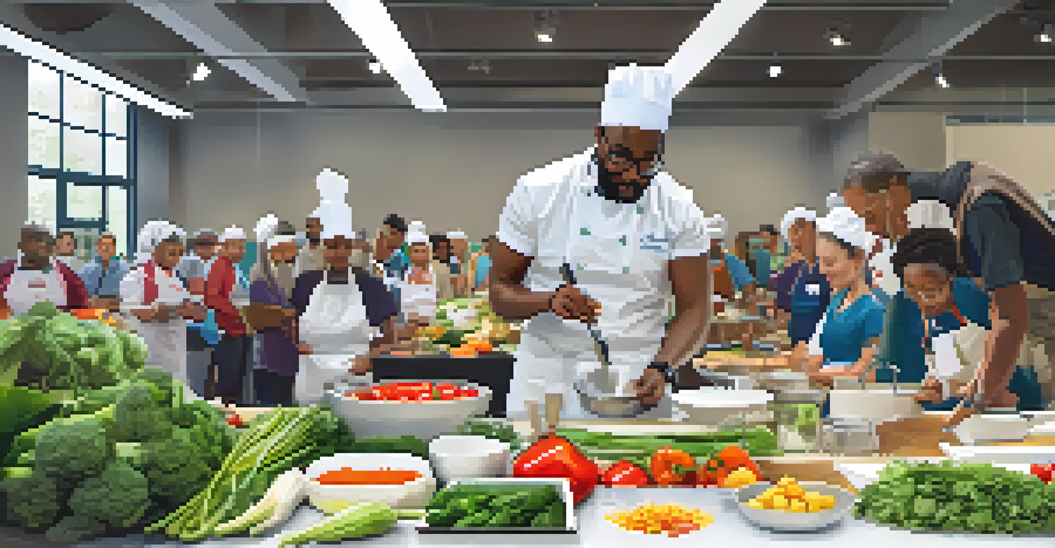 A health workshop where a professional demonstrates cooking techniques to an engaged audience surrounded by fresh vegetables.