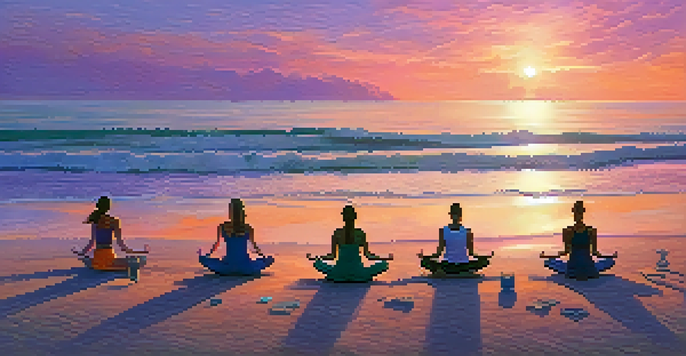A group of people practicing yoga on the beach at sunrise, with colorful skies and ocean waves nearby.