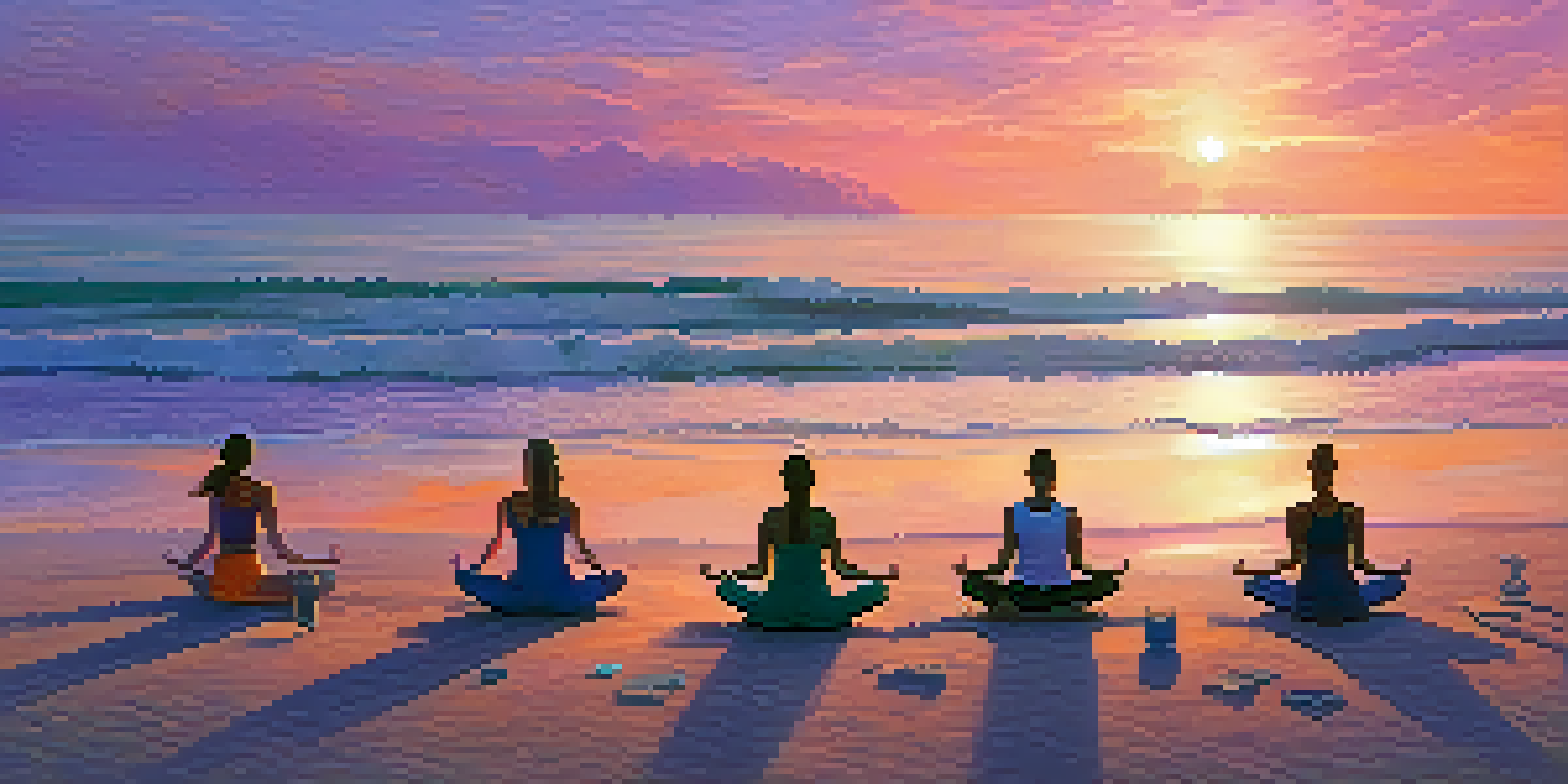 A group of people practicing yoga on the beach at sunrise, with colorful skies and ocean waves nearby.
