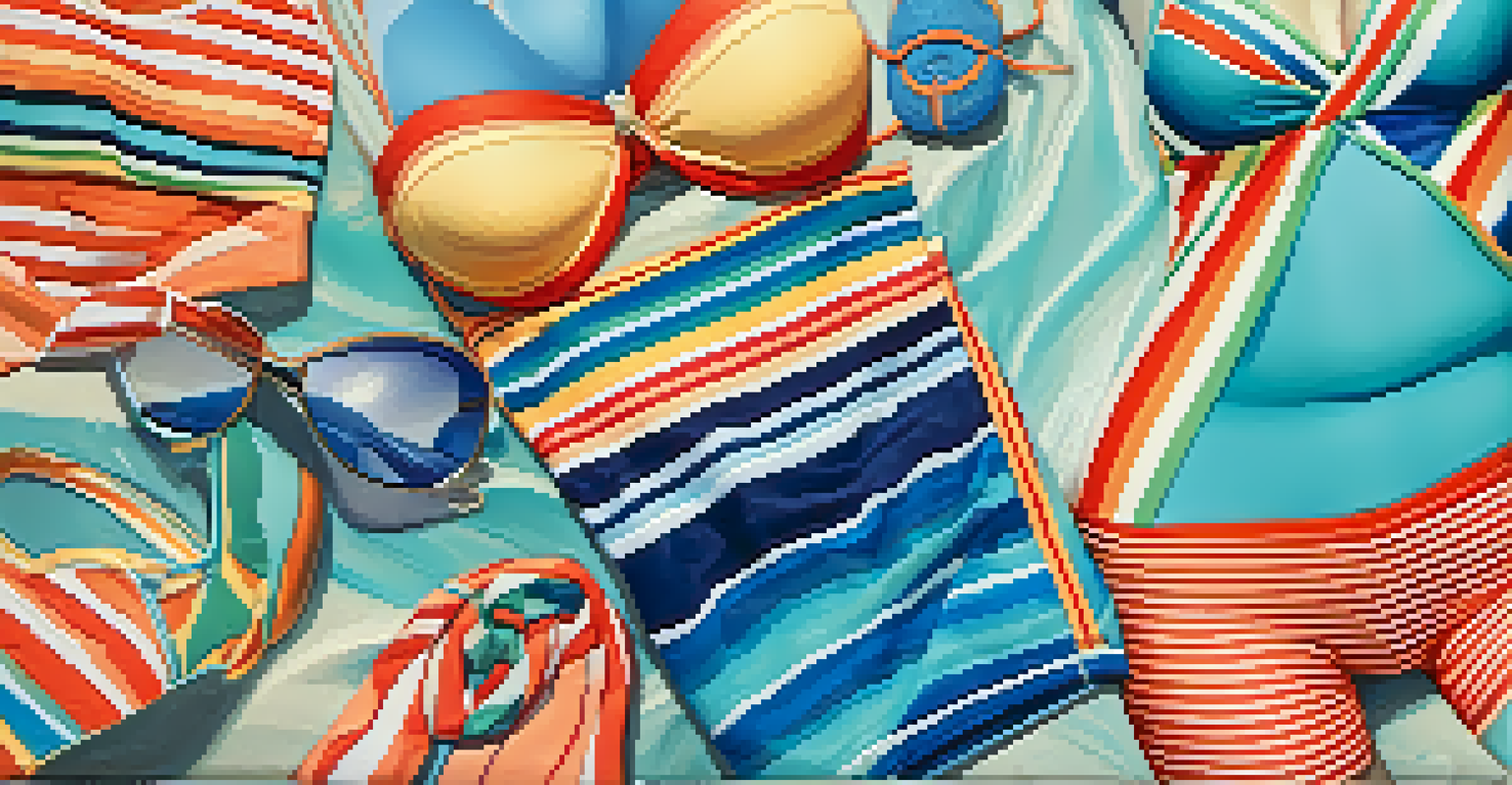 A close-up of colorful swimwear with intricate patterns, inspired by ocean waves, set against a softly blurred background.
