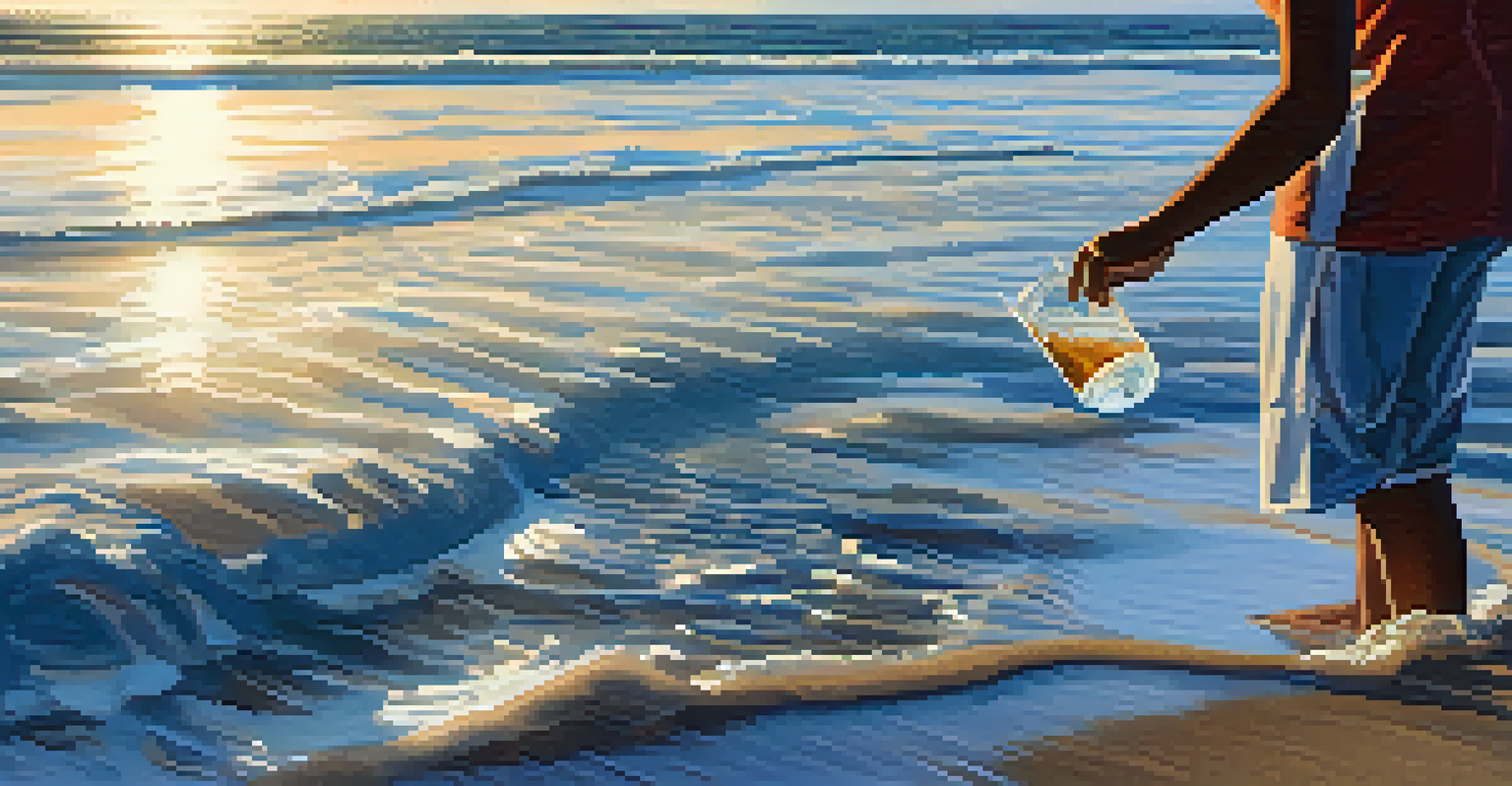 A person collecting a water sample from the ocean with waves splashing around their feet.