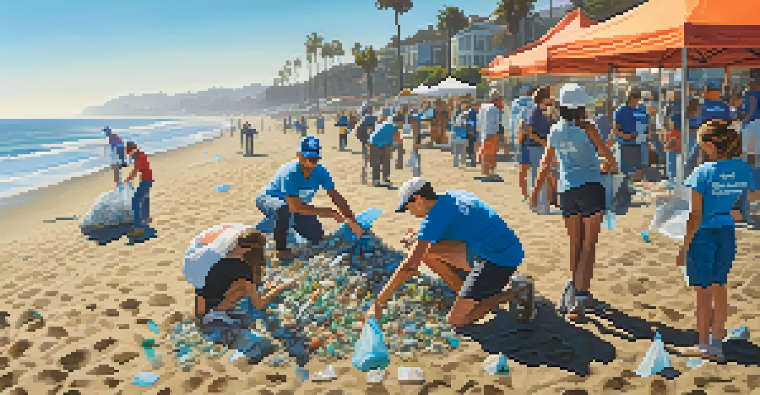 Volunteers participating in a beach cleanup at Santa Monica, collecting plastic waste with the ocean in the background.