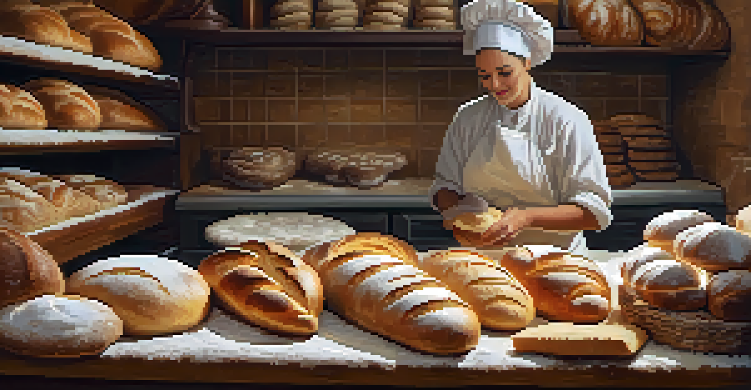 A baker demonstrating artisan bread-making techniques in a cozy bakery filled with freshly baked loaves.