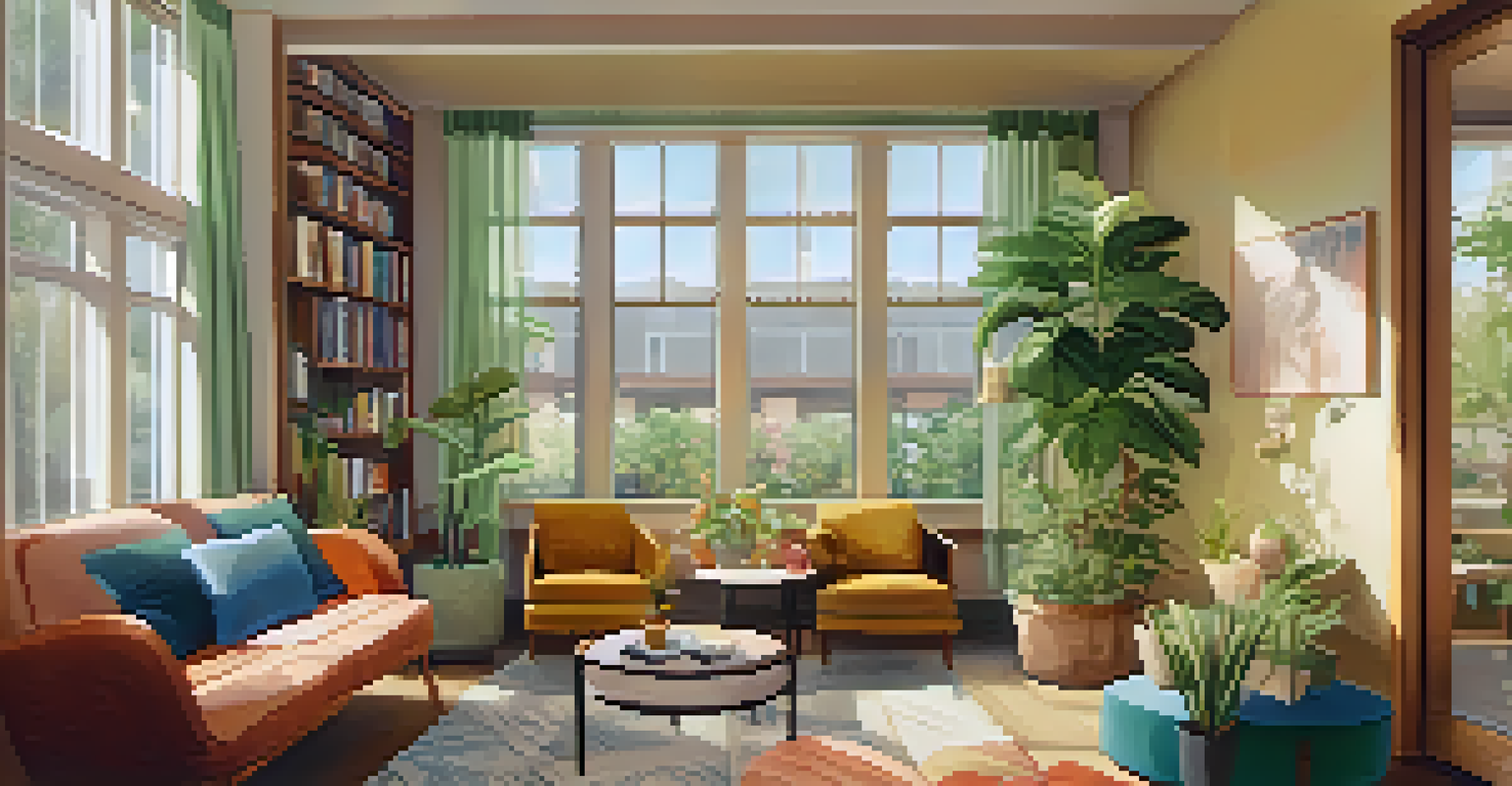 A cozy communal living area in a senior co-housing apartment with comfortable seating, colorful decor, and natural light from large windows.