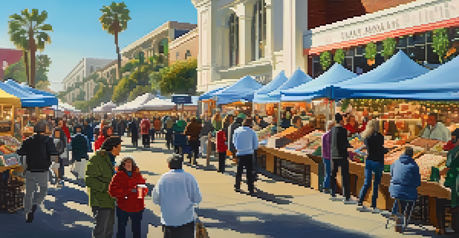An inviting holiday market in Santa Monica with stalls of crafts and treats, busy visitors enjoying hot cocoa amidst festive decorations.