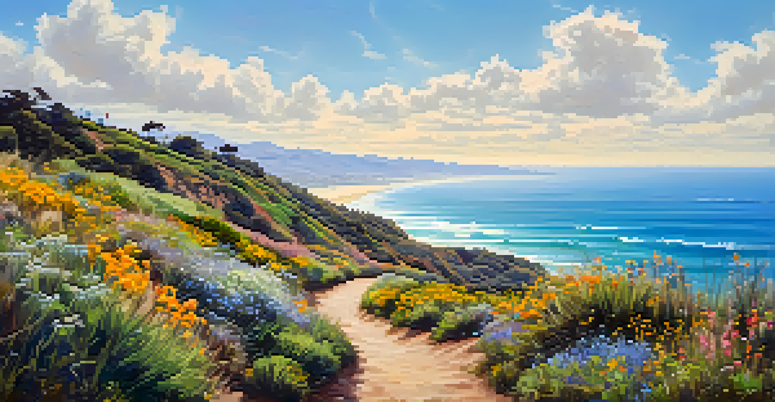 A scenic hiking trail with wildflowers and ocean views, featuring hikers enjoying the beautiful landscape.