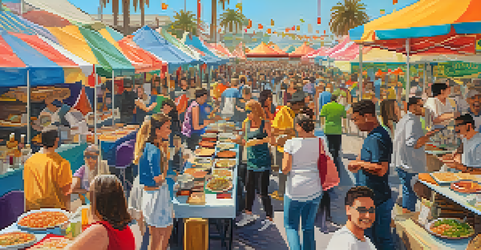 A food festival scene with stalls offering various multicultural dishes, attendees enjoying food, and festive decorations.