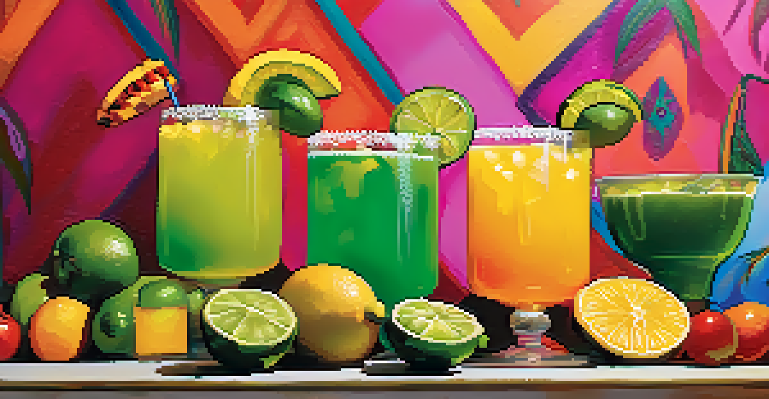 A vibrant drink station featuring colorful margaritas and aguas frescas with festive Mexican decorations in the background.