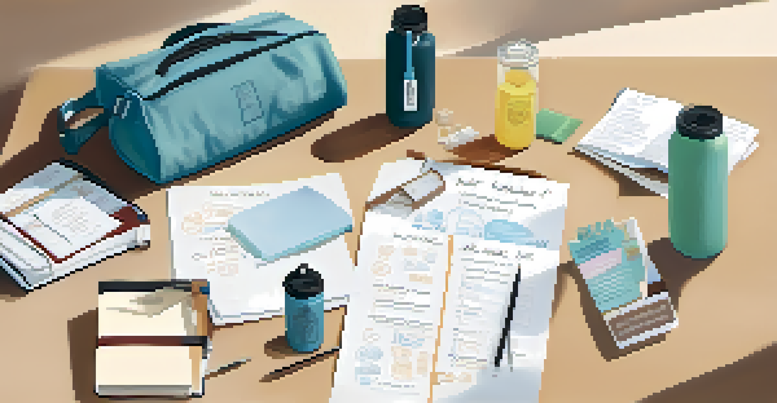A table showing essential items for a health fair, including a reusable bag, water bottle, and notepad, illuminated by soft natural light.