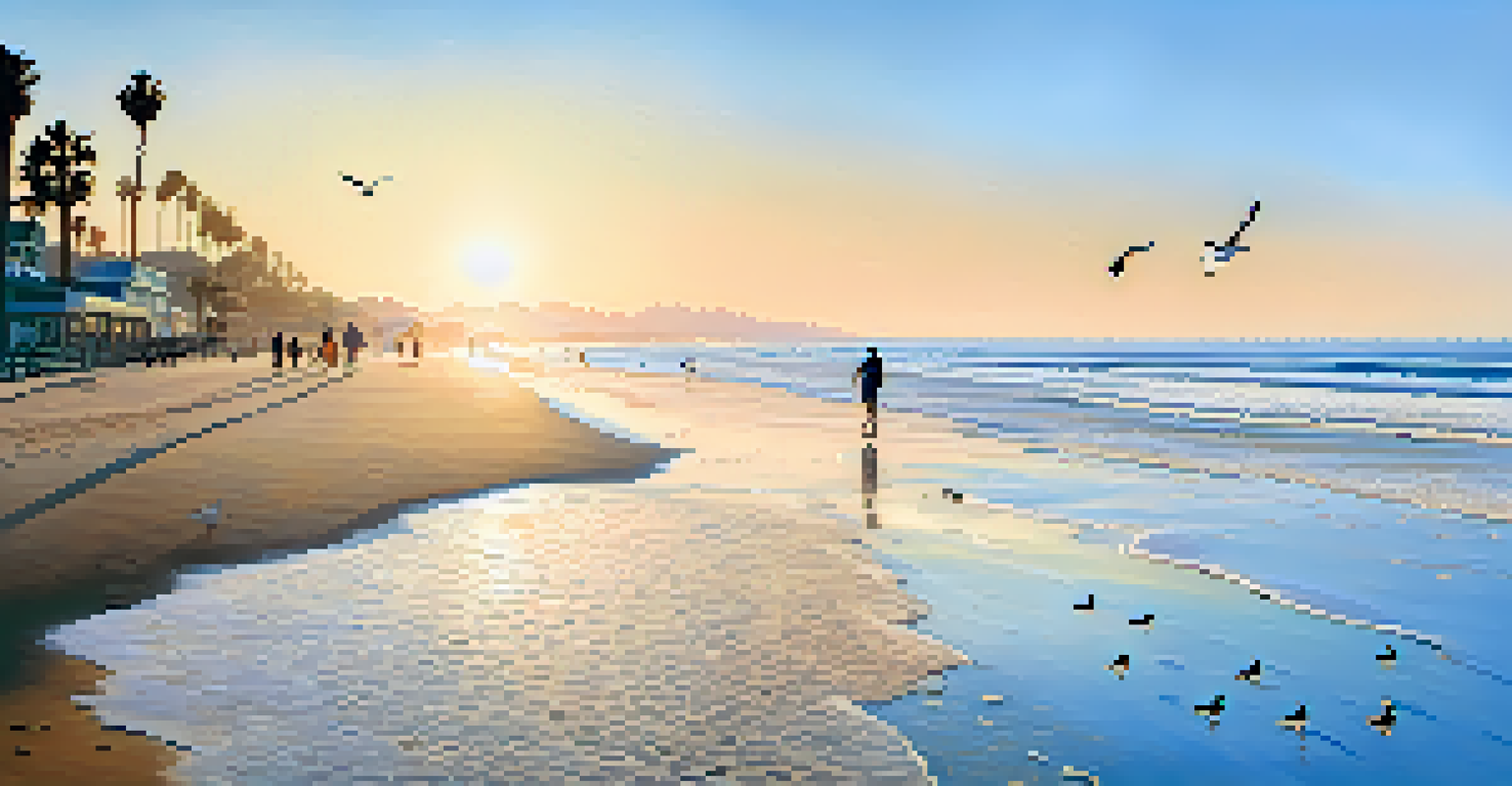 A peaceful sunrise scene at Santa Monica State Beach with gentle waves and a couple walking along the shore.