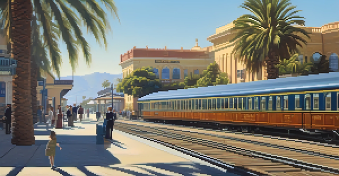 A busy historical Santa Monica Railroad station filled with people in 19th-century attire, surrounded by vintage shops and palm trees under a sunny sky.