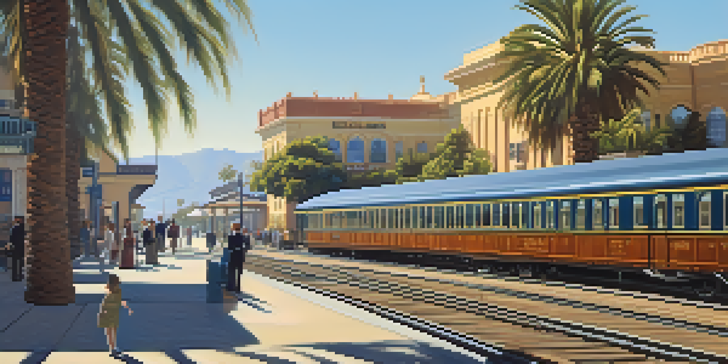 A busy historical Santa Monica Railroad station filled with people in 19th-century attire, surrounded by vintage shops and palm trees under a sunny sky.