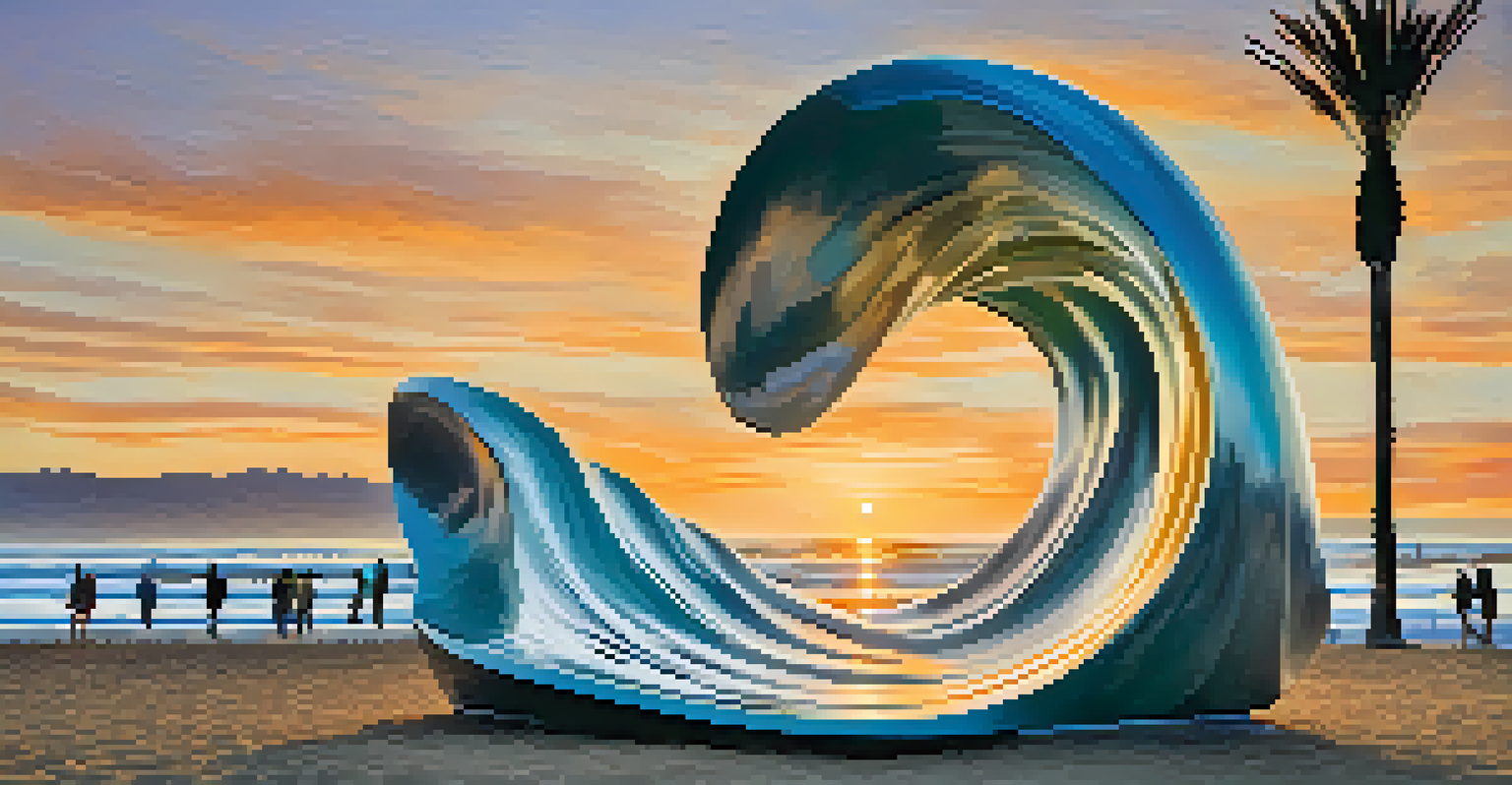 A stunning ocean-inspired sculpture called 'The Wave' near Santa Monica Pier, glowing in the sunset with people around.