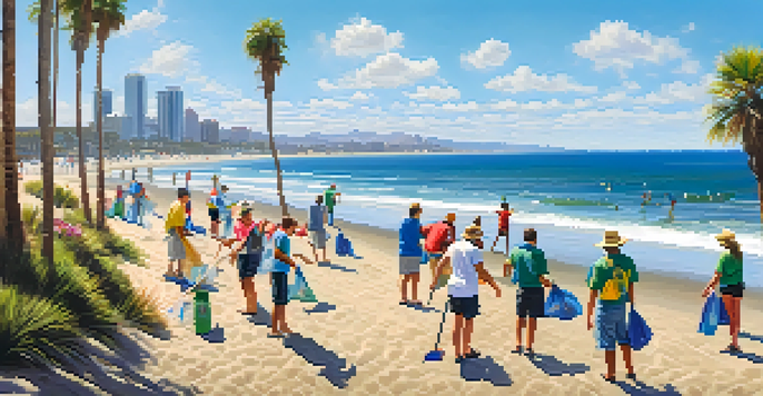 Volunteers cleaning the beach at Santa Monica Bay under a bright blue sky.