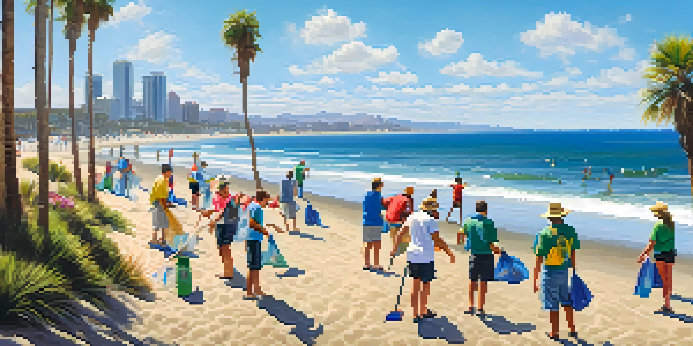 Volunteers cleaning the beach at Santa Monica Bay under a bright blue sky.