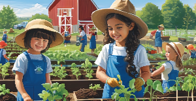 Children engaging in a gardening lesson outdoors, planting seeds with local farmers on a sunny day.