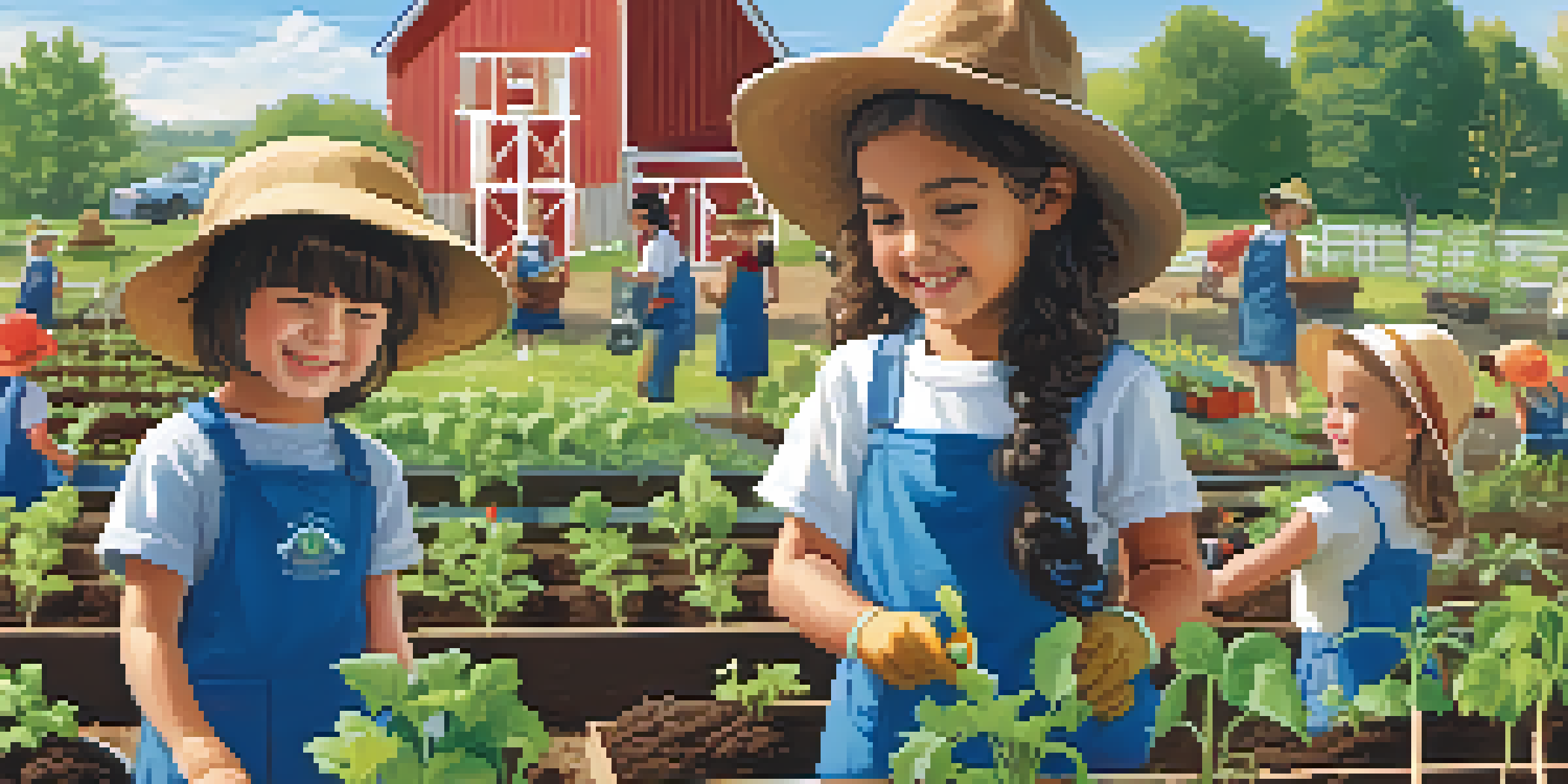 Children engaging in a gardening lesson outdoors, planting seeds with local farmers on a sunny day.