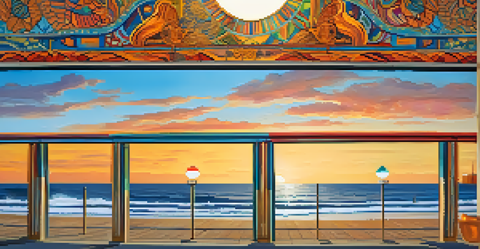 A colorful mural on the Santa Monica Pier featuring marine life and cultural designs, illuminated by a warm sunset.