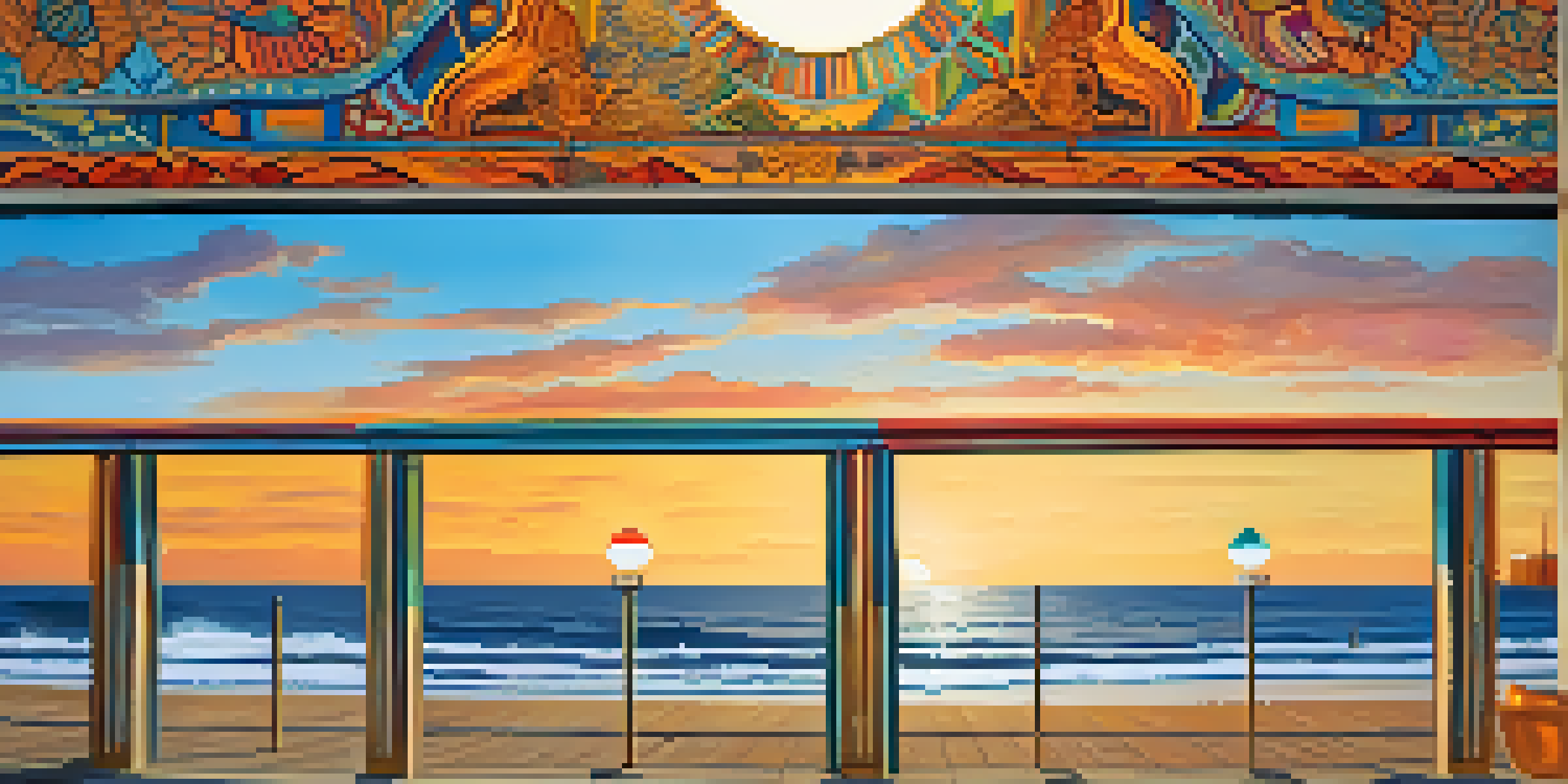 A colorful mural on the Santa Monica Pier featuring marine life and cultural designs, illuminated by a warm sunset.