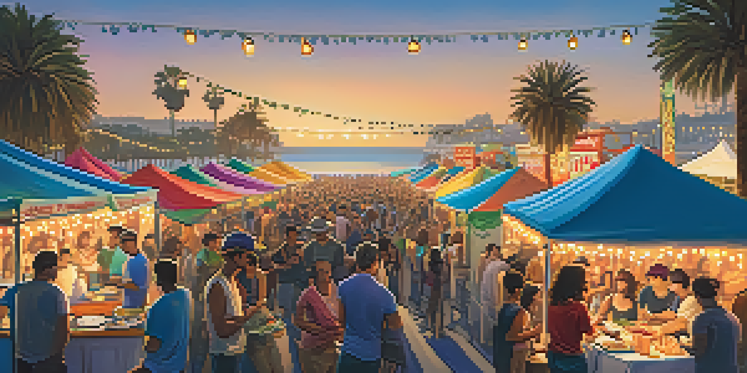 A lively outdoor festival in Santa Monica with people enjoying live music, surrounded by colorful banners and food stalls, bathed in warm sunlight.
